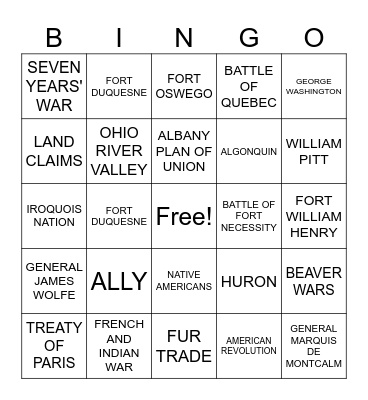 FRENCH & INDIAN WAR Bingo Card