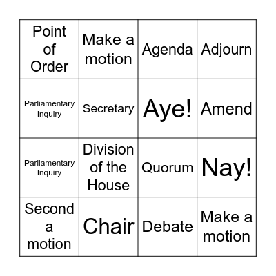 Parliamentary Procedure Bingo Card