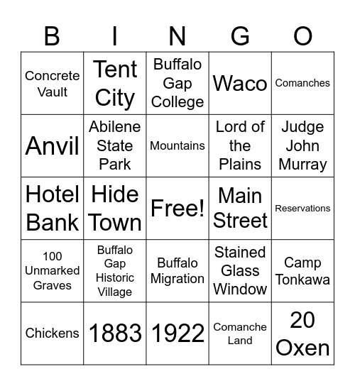 History of Buffalo Gap Bingo Card