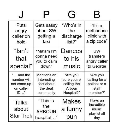 JP George Bingo Card