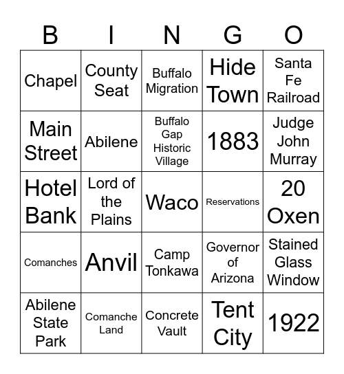 History of Buffalo Gap Bingo Card