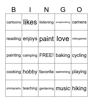 Hobbies Bingo Card