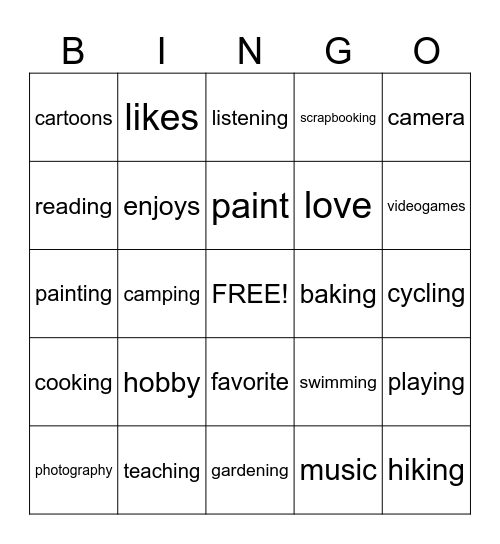 Hobbies Bingo Card