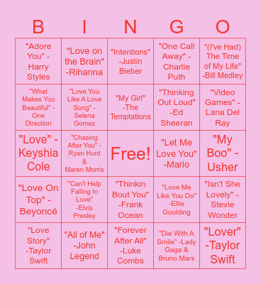 Love Songs Bingo Card