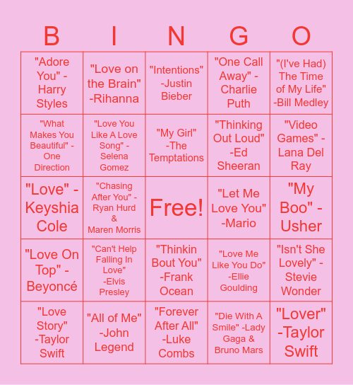 Love Songs Bingo Card