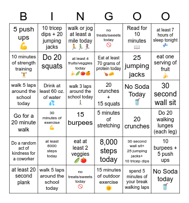 Health & Fitness Progressive Bingo Card