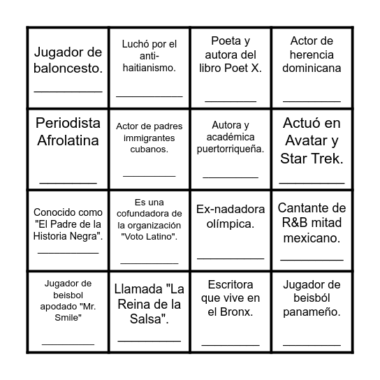 Afrolatino del Día Bingo Card
