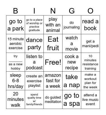 self care bingo Card