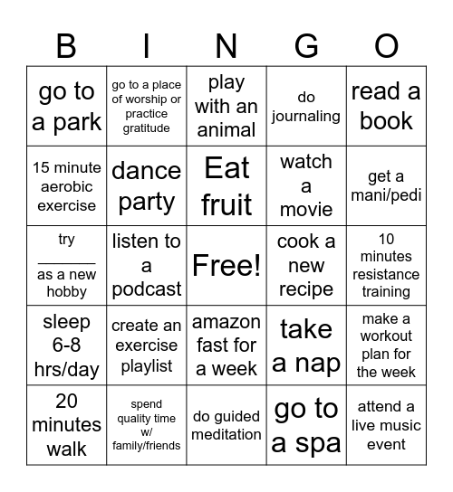self care bingo Card