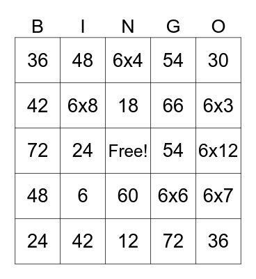 6 multiplication Bingo Card