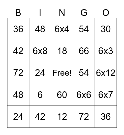 6 multiplication Bingo Card