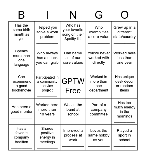 Great Place to Work Bingo Card