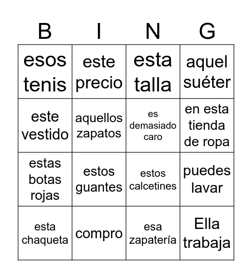 spanish Bingo Card