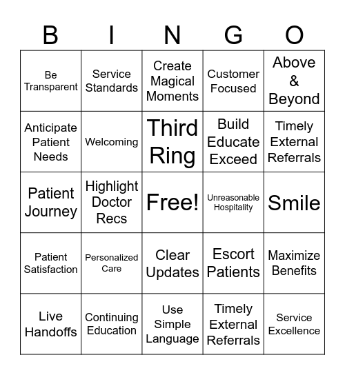 Service Excellence Bingo Card