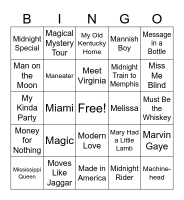 M Songs Bingo Card