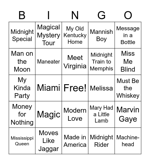 M Songs Bingo Card