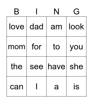 Heart Words Bingo Card