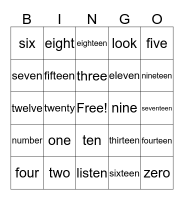 Numbers 1-20 Bingo Card
