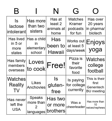 GET TO KNOW BINGO!! Bingo Card