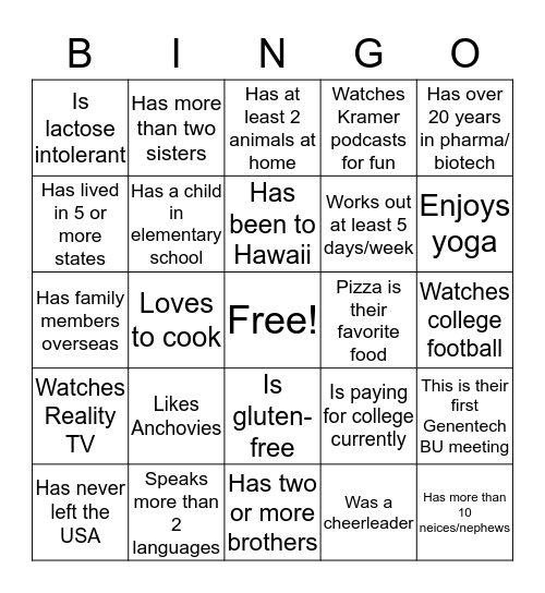 GET TO KNOW BINGO!! Bingo Card