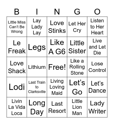 L Songs Bingo Card