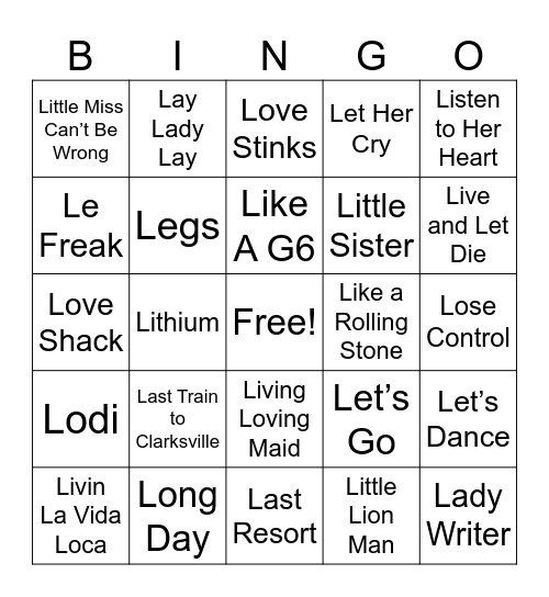 L Songs Bingo Card