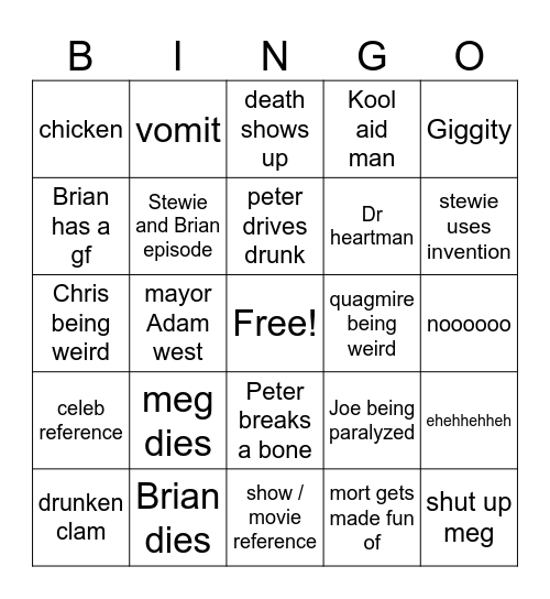 family guy bingo Card