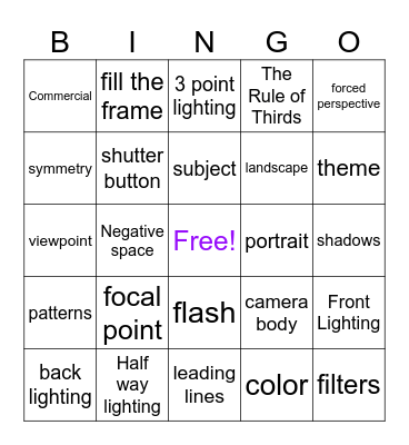 Photography Bingo! Bingo Card