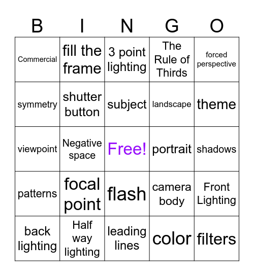 Photography Bingo! Bingo Card