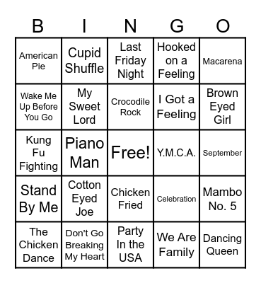 Sing/Dance Along Bingo Card