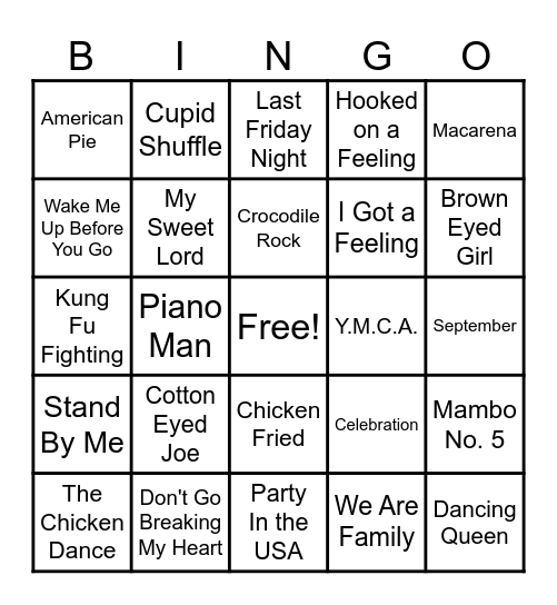 Sing/Dance Along Bingo Card