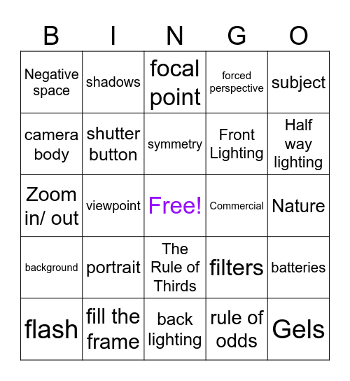 Photography Bingo! Bingo Card