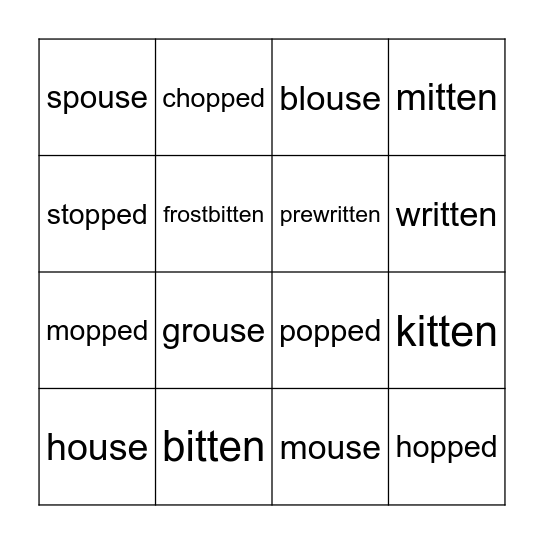 Words that end with -ouse, -itten, -ed Bingo Card