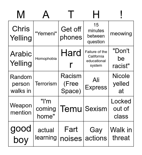 Ms. Amir 6th hour Bingo Card