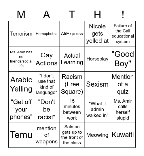 Ms Amir 6th Hour Bingo Card