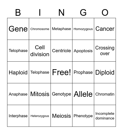 Genetics Vocab Bingo Card