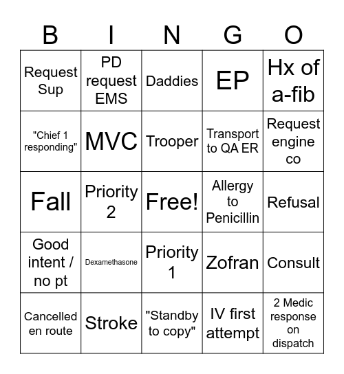 EMS Bingo Card