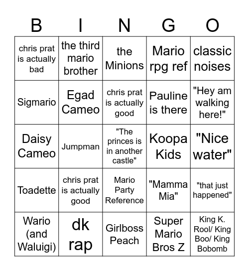 Mario movie bingo Card