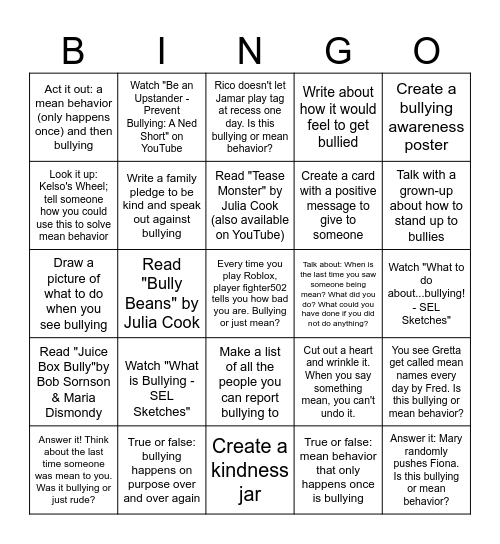 Bullying Awareness Bingo Card