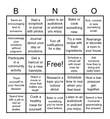 Self - Care BINGO Card
