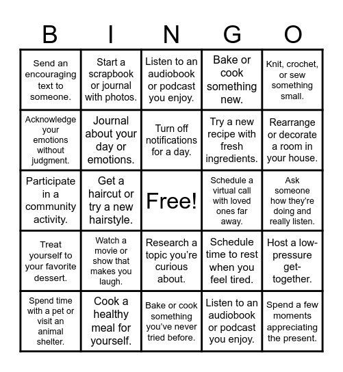 Self - Care BINGO Card