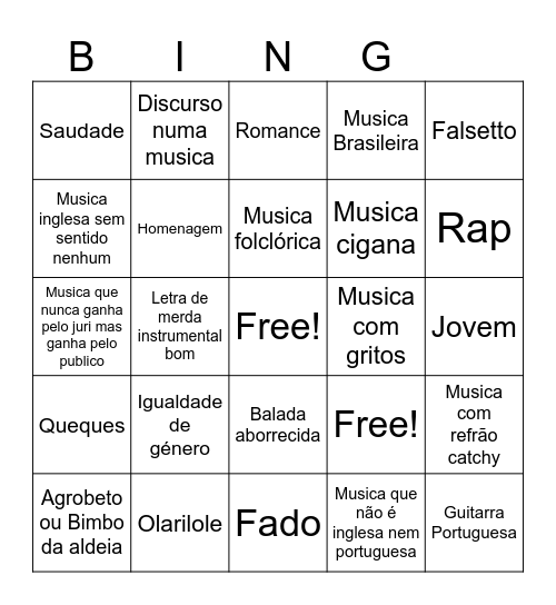 Eurovisão Portugal Bingo Card