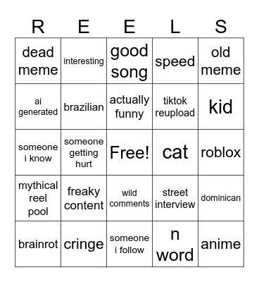 IG reels Bingo Card