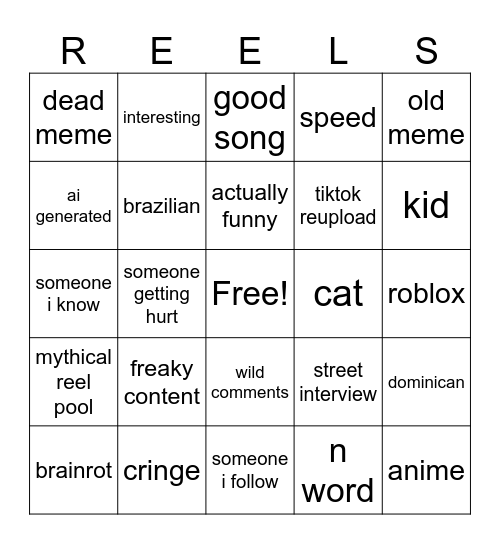 IG reels Bingo Card
