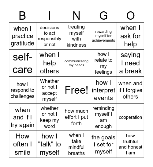 Things I Can Control Bingo Card