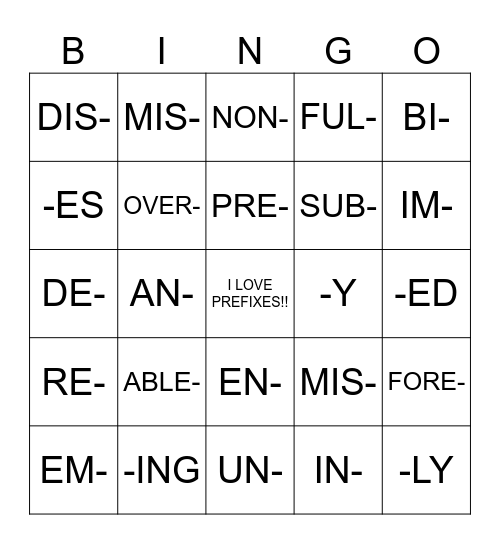 PREFIX and SUFFIXES BINGO Card