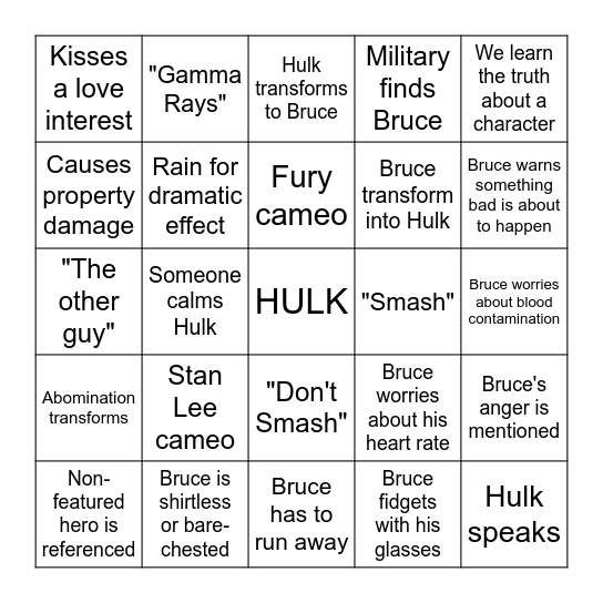 HULK Bingo Card
