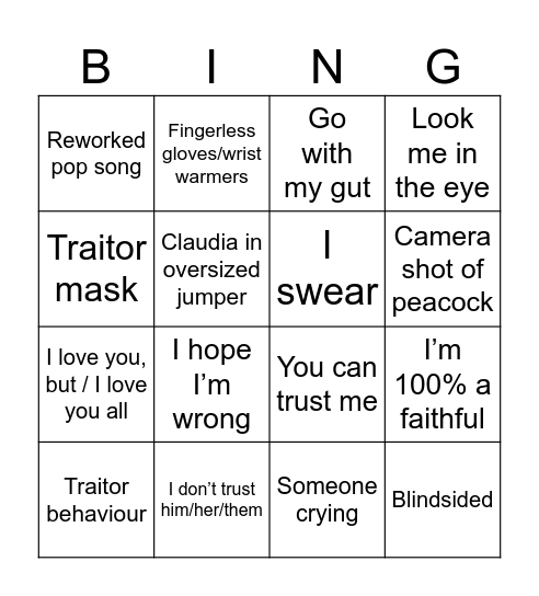 Traitors U.K. final season 3 Bingo Card