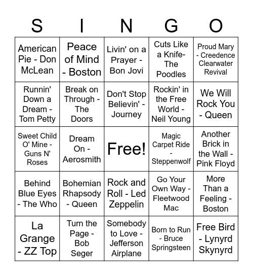CLASSIC ROCK Bingo Card