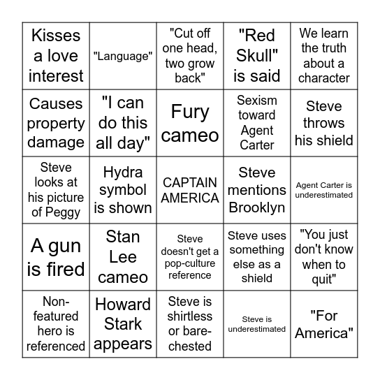 CAPTAIN AMERICA Bingo Card